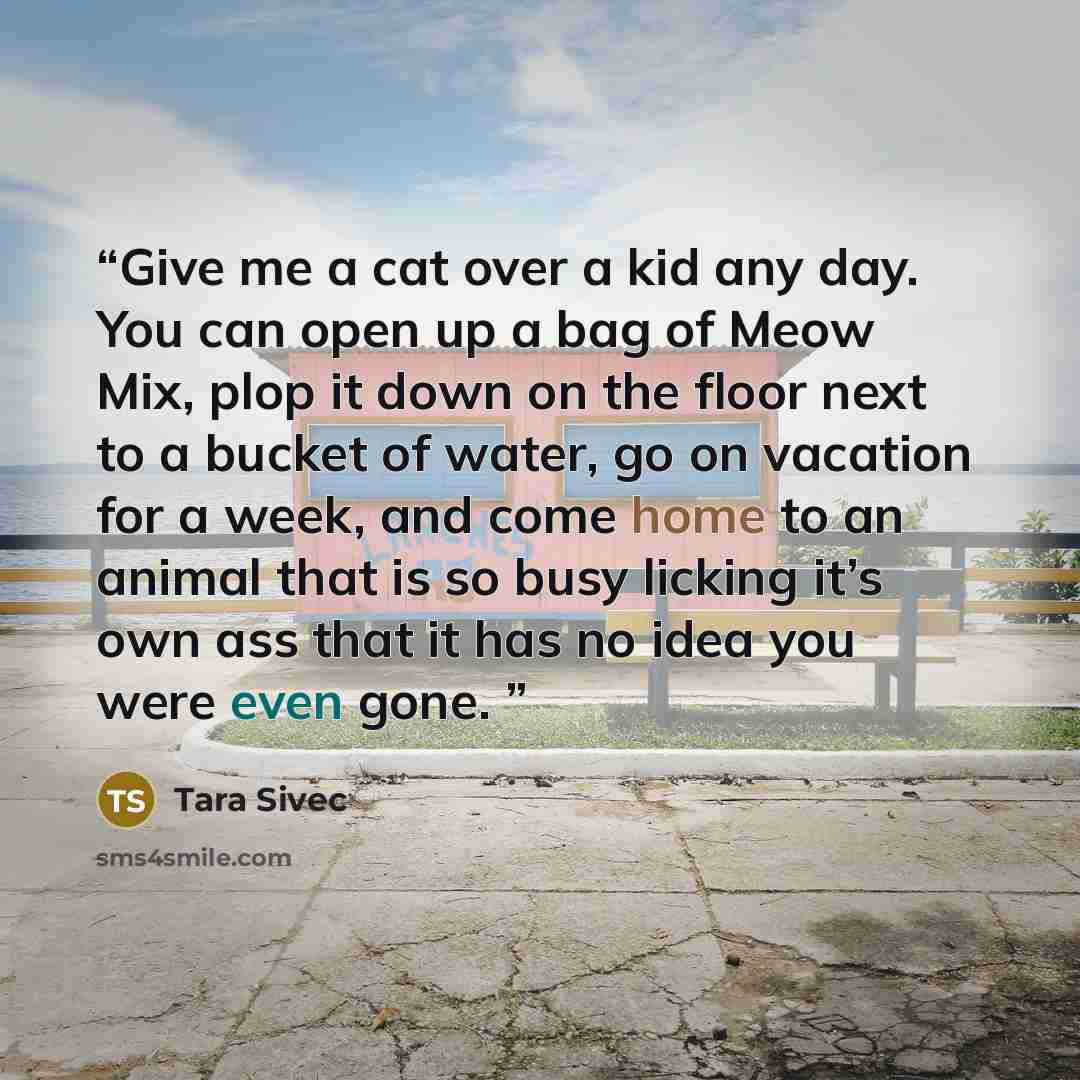 “Give me a cat over a kid any day. You can open up a bag of Meow Mix, plop it down on the floor next to a bucket of water, go on vacation for a week, and come home to an animal that is so busy licking it’s own ass that it has no idea you were even gone.” quote by Tara Sivec