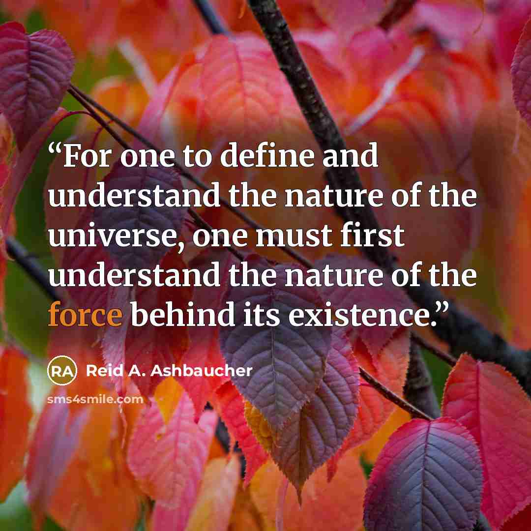 “For one to define and understand the nature of the universe, one must first understand the nature of the force behind its existence.” quote by Reid A. Ashbaucher