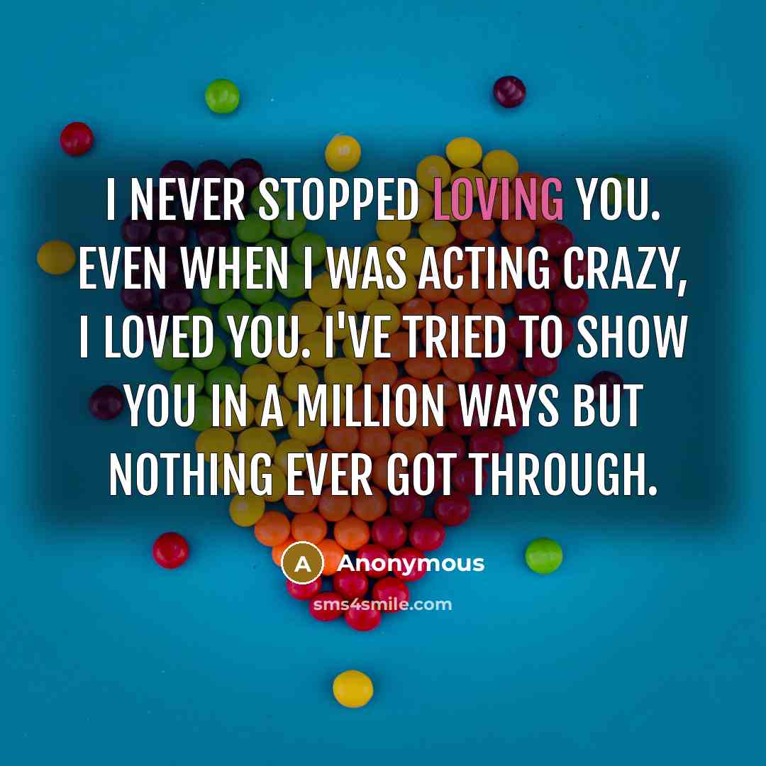 “I never stopped loving you. Even when I was acting crazy, I loved you. I've tried to show you in a million ways but nothing ever got through.” quote by Anonymous