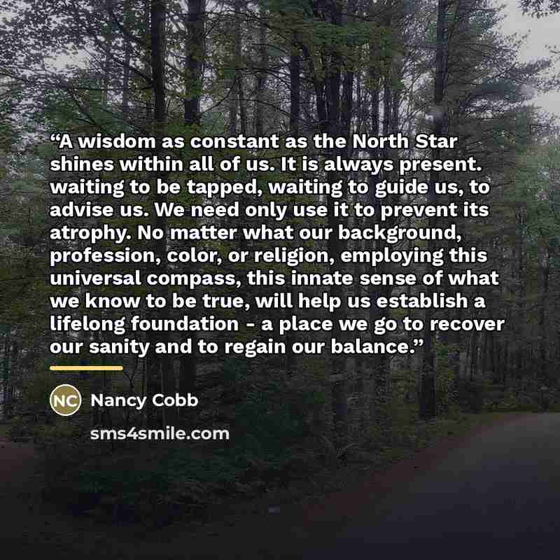 “A wisdom as constant as the North Star shines within all of us. It is always present. waiting to be tapped, waiting to guide us, to advise us. We need only use it to prevent its atrophy. No matter what our background, profession, color, or religion, employing this universal compass, this innate…” quote by Nancy Cobb