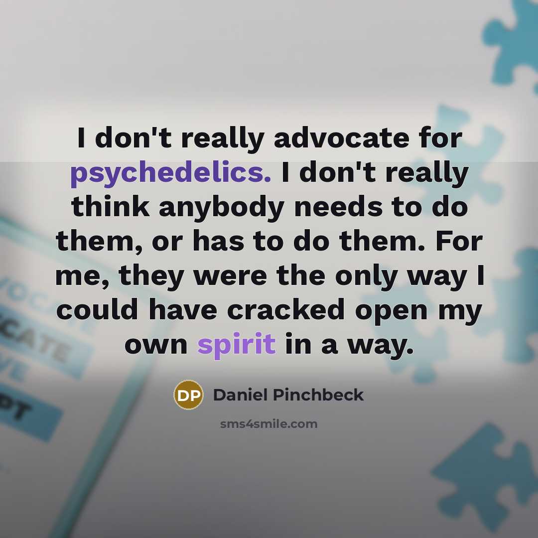 “I don't really advocate for psychedelics. I don't really think anybody needs to do them, or has to do them. For me, they were the only way I could have cracked open my own spirit in a way.” quote by Daniel Pinchbeck
