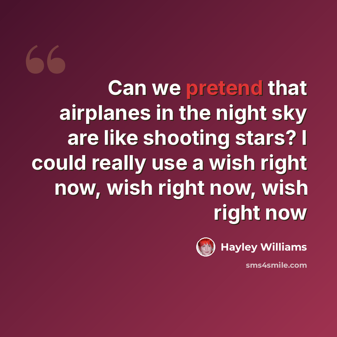“Can we pretend that airplanes in the night sky are like shooting stars? I could really use a wish right now, wish right now, wish right now” quote by Hayley Williams