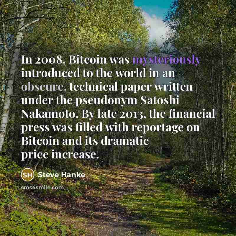 “In 2008, Bitcoin was mysteriously introduced to the world in an obscure, technical paper written under the pseudonym Satoshi Nakamoto. By late 2013, the financial press was filled with reportage on Bitcoin and its dramatic price increase.” quote by Steve Hanke