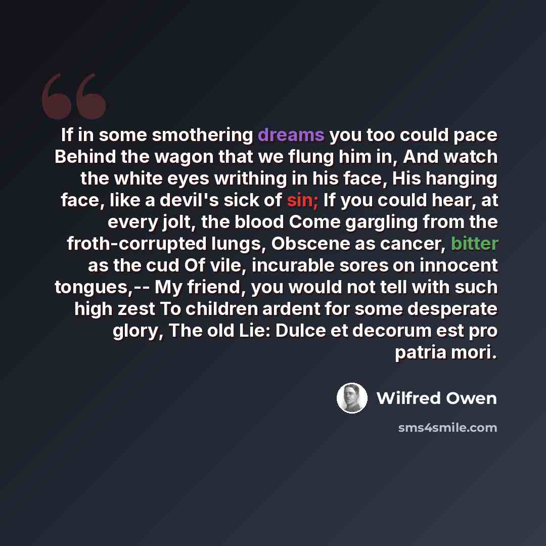 “If in some smothering dreams you too could pace Behind the wagon that we flung him in, And watch the white eyes writhing in his face, His hanging face, like a devil's sick of sin; If you could hear, at every jolt, the blood Come gargling from the froth-corrupted lungs, Obscene as cancer, bitter as…” quote by Wilfred Owen