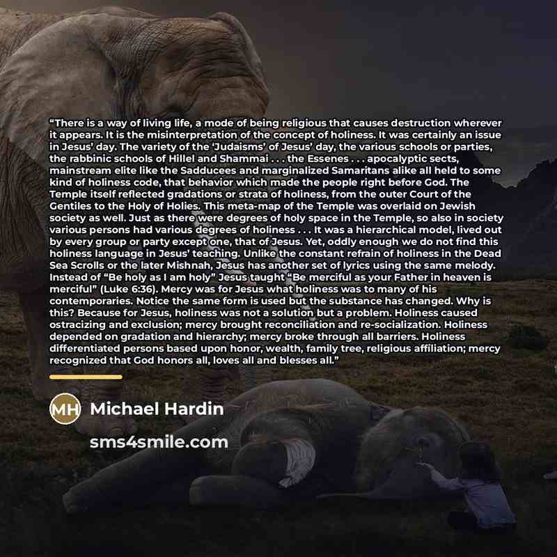 “There is a way of living life, a mode of being religious that causes destruction wherever it appears. It is the misinterpretation of the concept of holiness. It was certainly an issue in Jesus’ day. The variety of the ‘Judaisms’ of Jesus’ day, the various schools or parties, the rabbinic schools…” quote by Michael Hardin