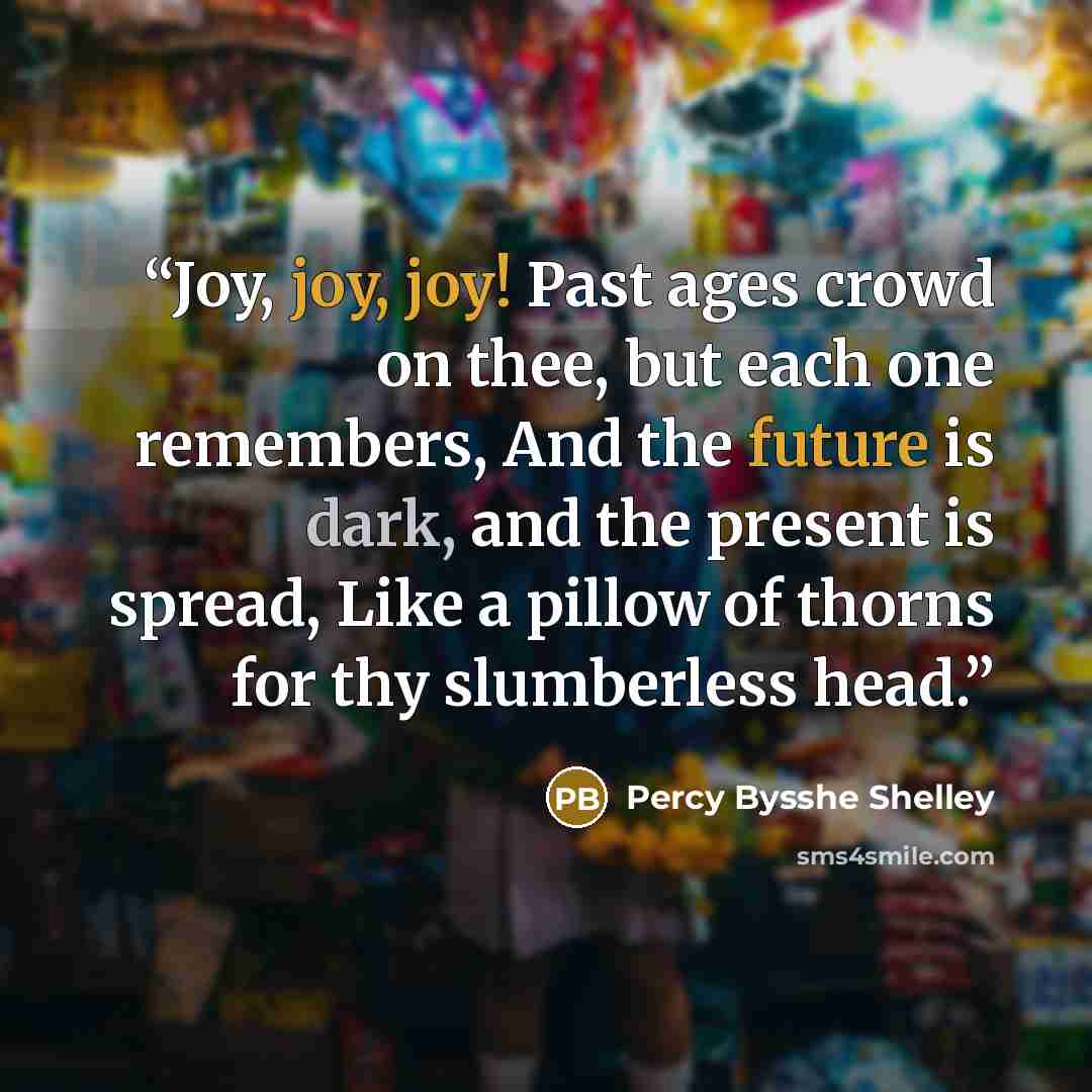 “Joy, joy, joy! Past ages crowd on thee, but each one remembers, And the future is dark, and the present is spread, Like a pillow of thorns for thy slumberless head.” quote by Percy Bysshe Shelley