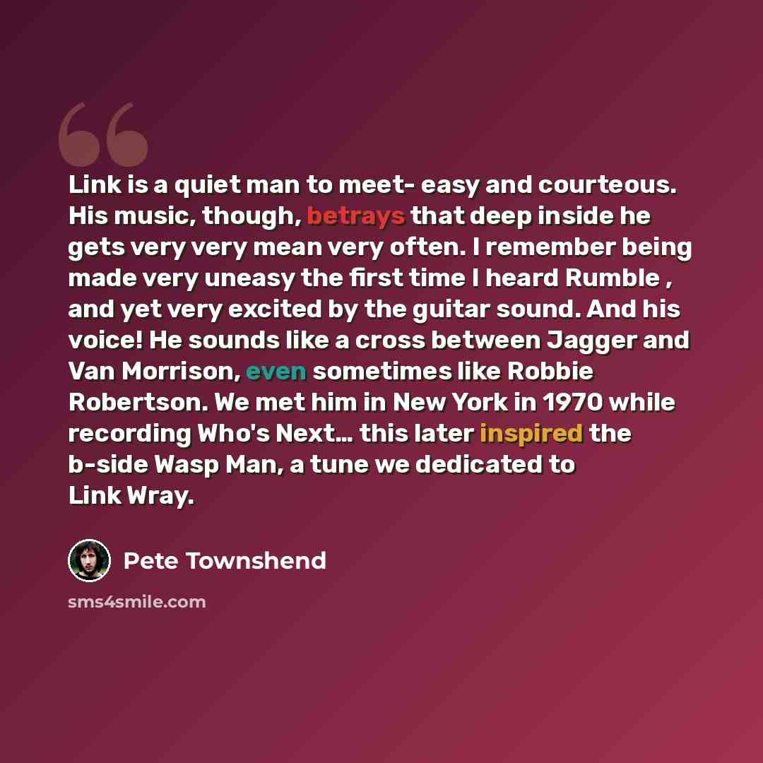 “Link is a quiet man to meet- easy and courteous. His music, though, betrays that deep inside he gets very very mean very often. I remember being made very uneasy the first time I heard Rumble , and yet very excited by the guitar sound. And his voice! He sounds like a cross between Jagger and Van…” quote by Pete Townshend