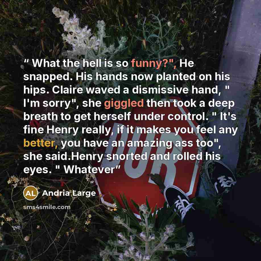 “What the hell is so funny?", He snapped. His hands now planted on his hips. Claire waved a dismissive hand, " I'm sorry", she giggled then took a deep breath to get herself under control. " It's fine Henry really, if it makes you feel any better, you have an amazing ass too", she said.Henry…” quote by Andria Large