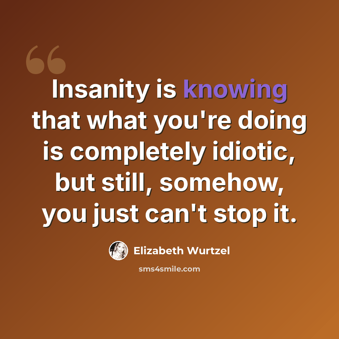 “Insanity is knowing that what you're doing is completely idiotic, but still, somehow, you just can't stop it.” quote by Elizabeth Wurtzel