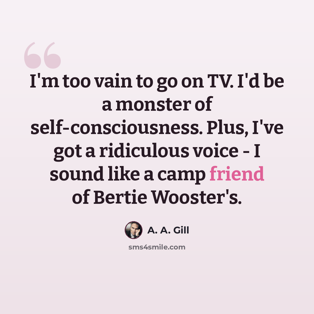 “I'm too vain to go on TV. I'd be a monster of self-consciousness. Plus, I've got a ridiculous voice - I sound like a camp friend of Bertie Wooster's.” quote by A. A. Gill