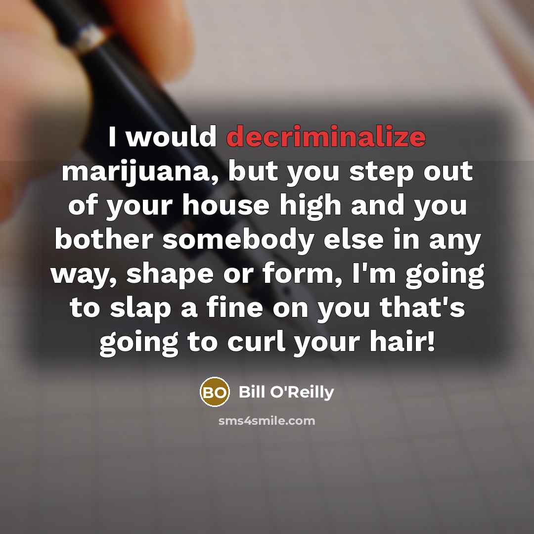“I would decriminalize marijuana, but you step out of your house high and you bother somebody else in any way, shape or form, I'm going to slap a fine on you that's going to curl your hair!” quote by Bill O'Reilly