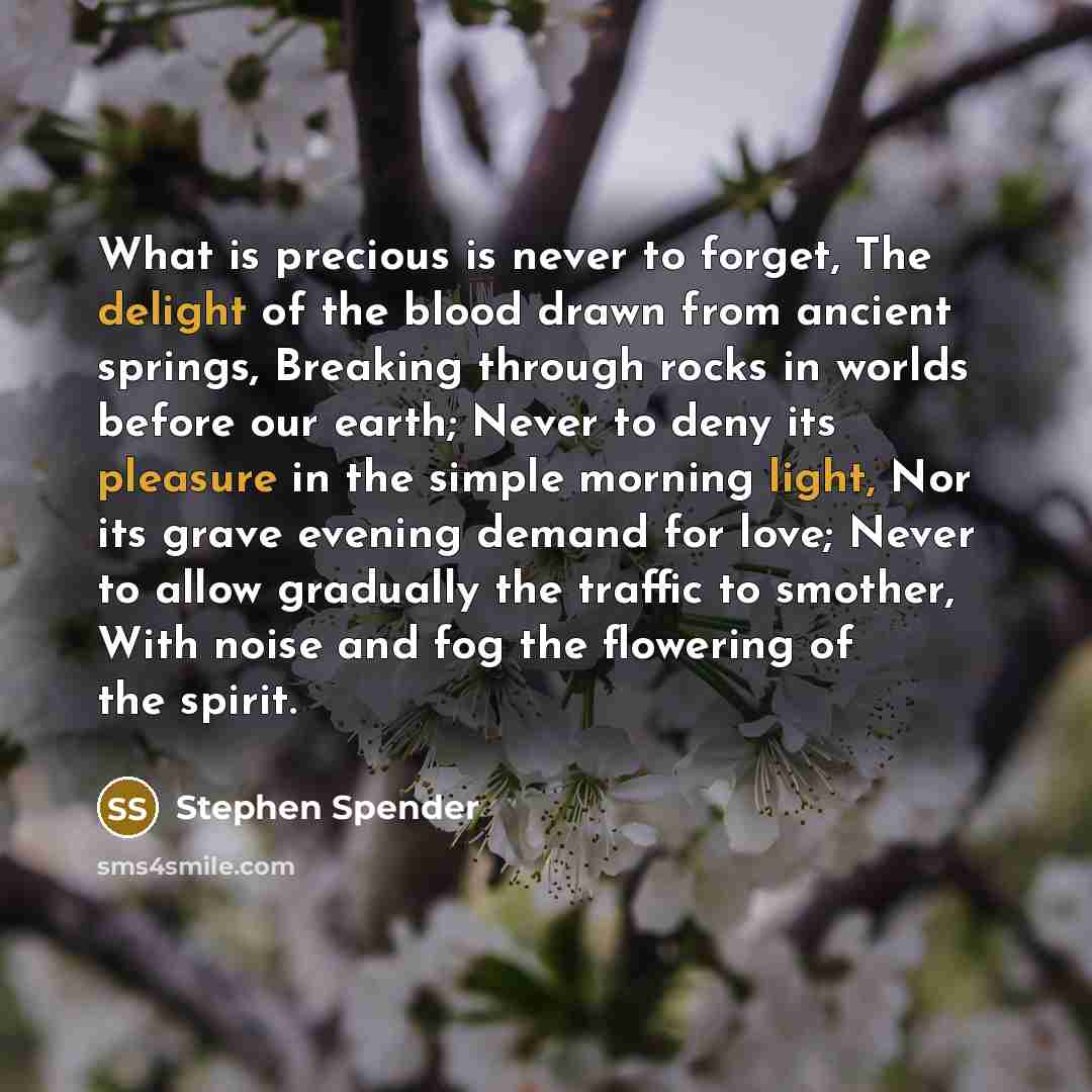 “What is precious is never to forget, The delight of the blood drawn from ancient springs, Breaking through rocks in worlds before our earth; Never to deny its pleasure in the simple morning light, Nor its grave evening demand for love; Never to allow gradually the traffic to smother, With noise…” quote by Stephen Spender