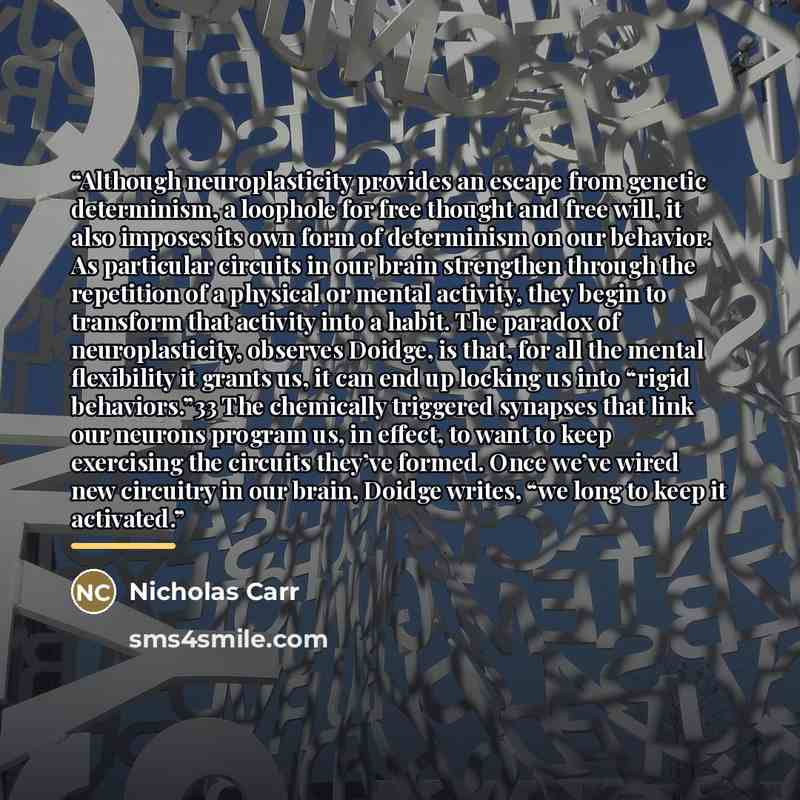 “Although neuroplasticity provides an escape from genetic determinism, a loophole for free thought and free will, it also imposes its own form of determinism on our behavior. As particular circuits in our brain strengthen through the repetition of a physical or mental activity, they begin to…” quote by Nicholas Carr