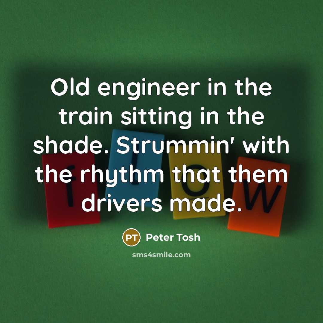 “Old engineer in the train sitting in the shade. Strummin' with the rhythm that them drivers made.” quote by Peter Tosh