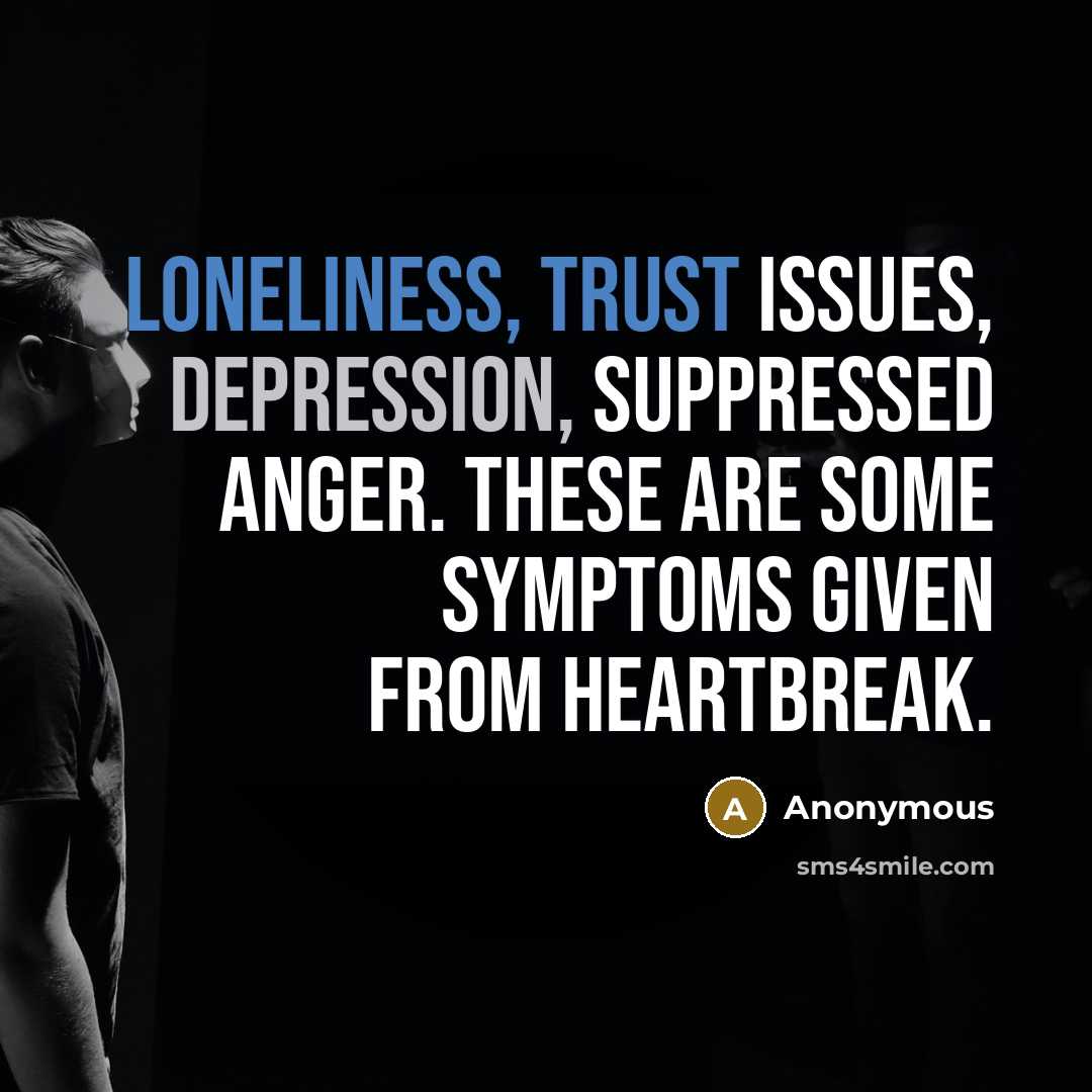“Loneliness, trust issues, depression, suppressed anger. These are some symptoms given from heartbreak.” quote by Anonymous
