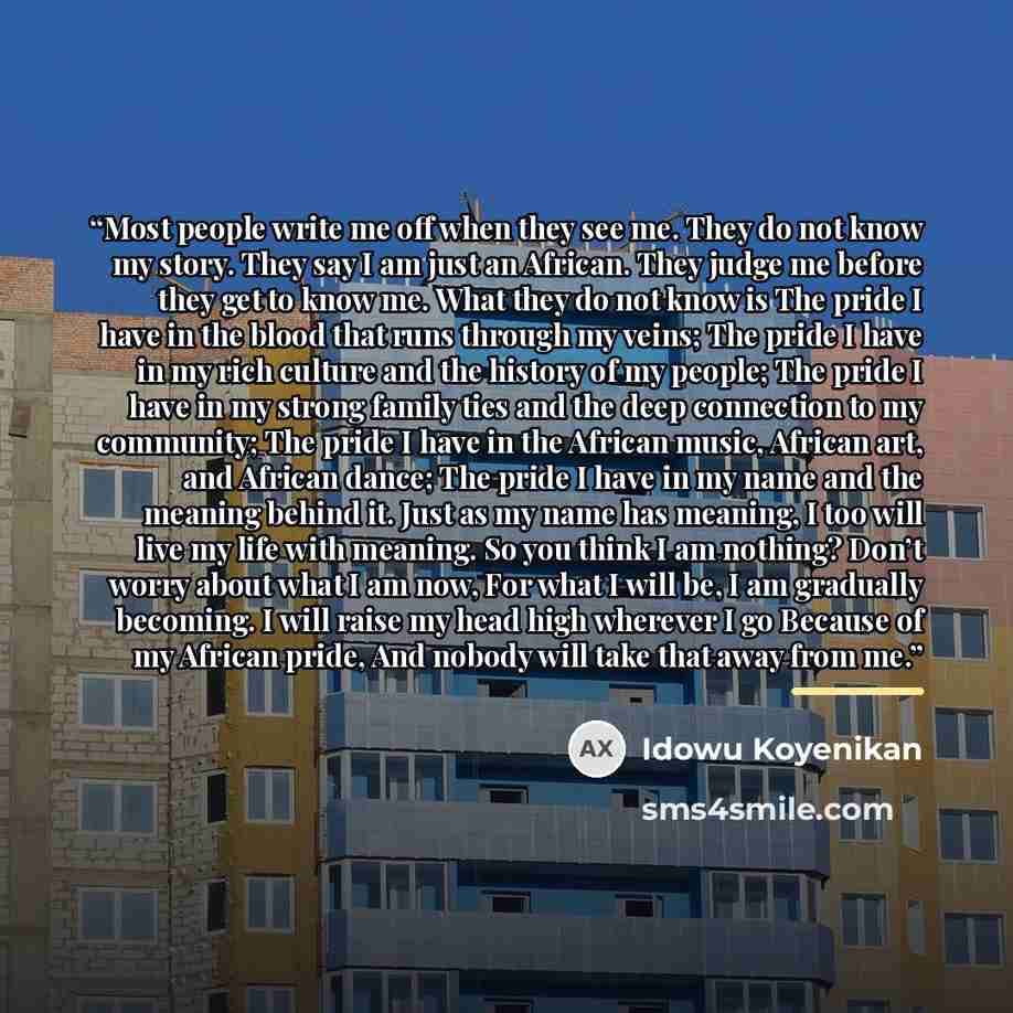 “Most people write me off when they see me. They do not know my story. They say I am just an African. They judge me before they get to know me. What they do not know is The pride I have in the blood that runs through my veins; The pride I have in my rich culture and the history of my people; The…” quote by idowu koyenikan