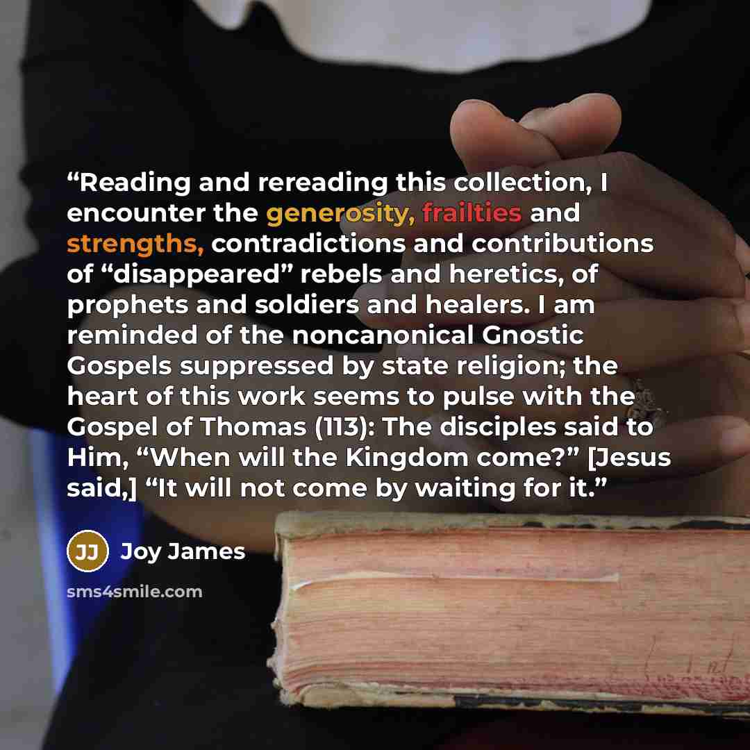 “Reading and rereading this collection, I encounter the generosity, frailties and strengths, contradictions and contributions of “disappeared” rebels and heretics, of prophets and soldiers and healers. I am reminded of the noncanonical Gnostic Gospels suppressed by state religion; the heart of this…” quote by Joy James