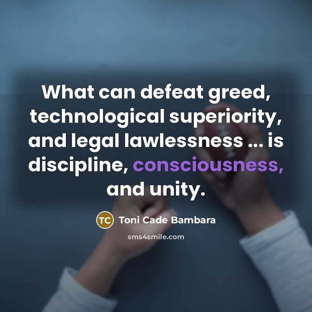 “What can defeat greed, technological superiority, and legal lawlessness ... is discipline, consciousness, and unity.” quote by Toni Cade Bambara