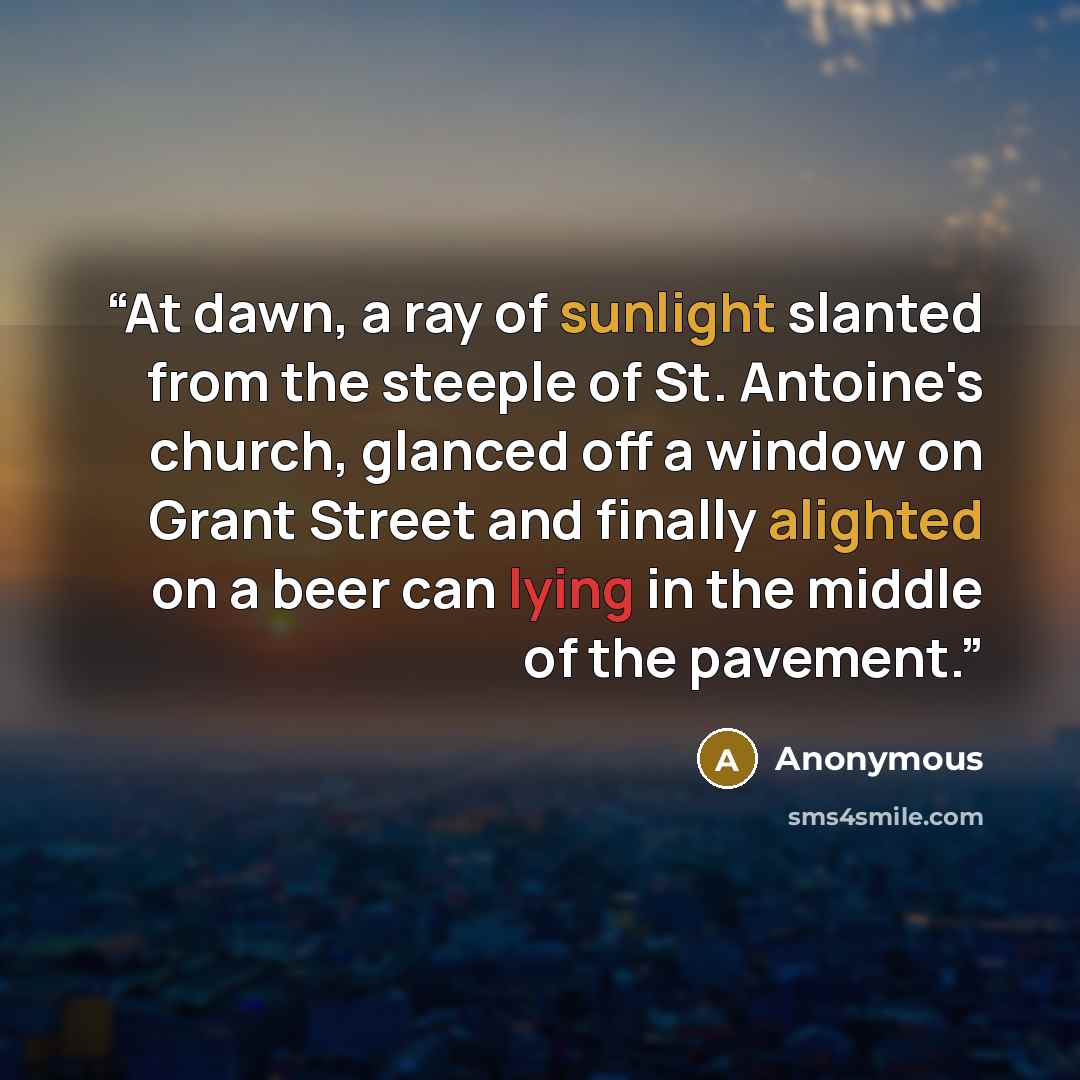 “At dawn, a ray of sunlight slanted from the steeple of St. Antoine's church, glanced off a window on Grant Street and finally alighted on a beer can lying in the middle of the pavement.” quote by Anonymous