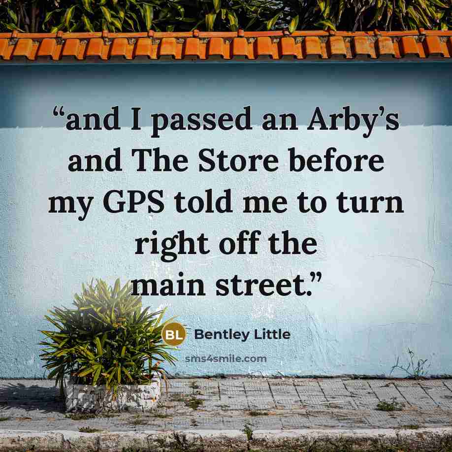 “and I passed an Arby’s and The Store before my GPS told me to turn right off the main street.” quote by Bentley Little