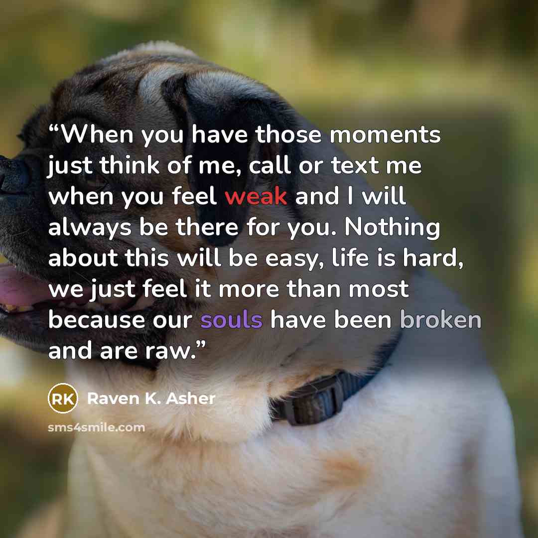 “When you have those moments just think of me, call or text me when you feel weak and I will always be there for you. Nothing about this will be easy, life is hard, we just feel it more than most because our souls have been broken and are raw.” quote by Raven K. Asher