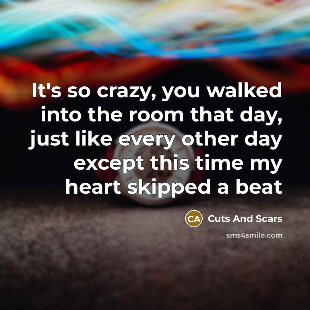“It's so crazy, you walked into the room that day, just like every other day except this time my heart skipped a beat” quote by Cuts And Scars