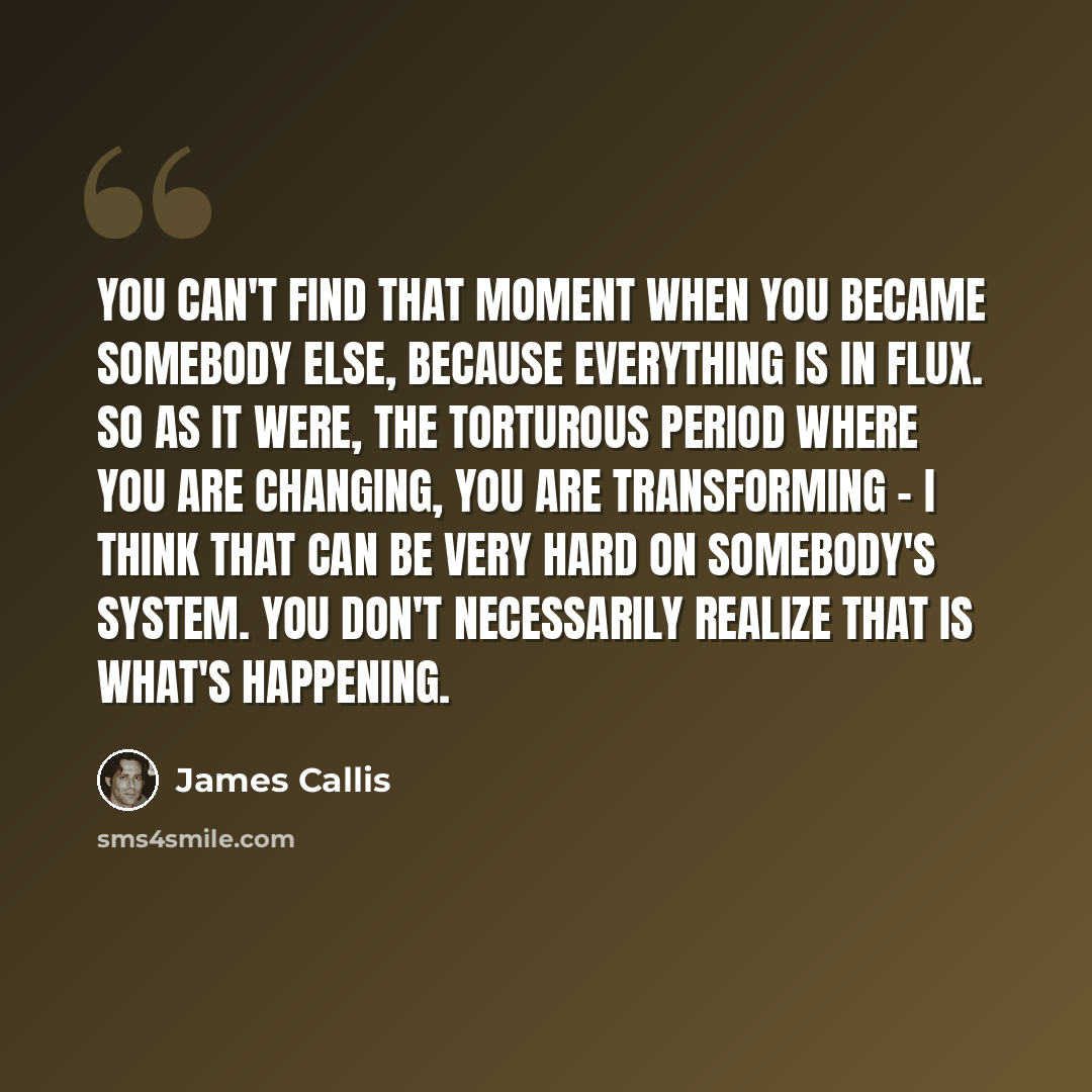 “You can't find that moment when you became somebody else, because everything is in flux. So as it were, the torturous period where you are changing, you are transforming - I think that can be very hard on somebody's system. You don't necessarily realize that is what's happening.” quote by James Callis