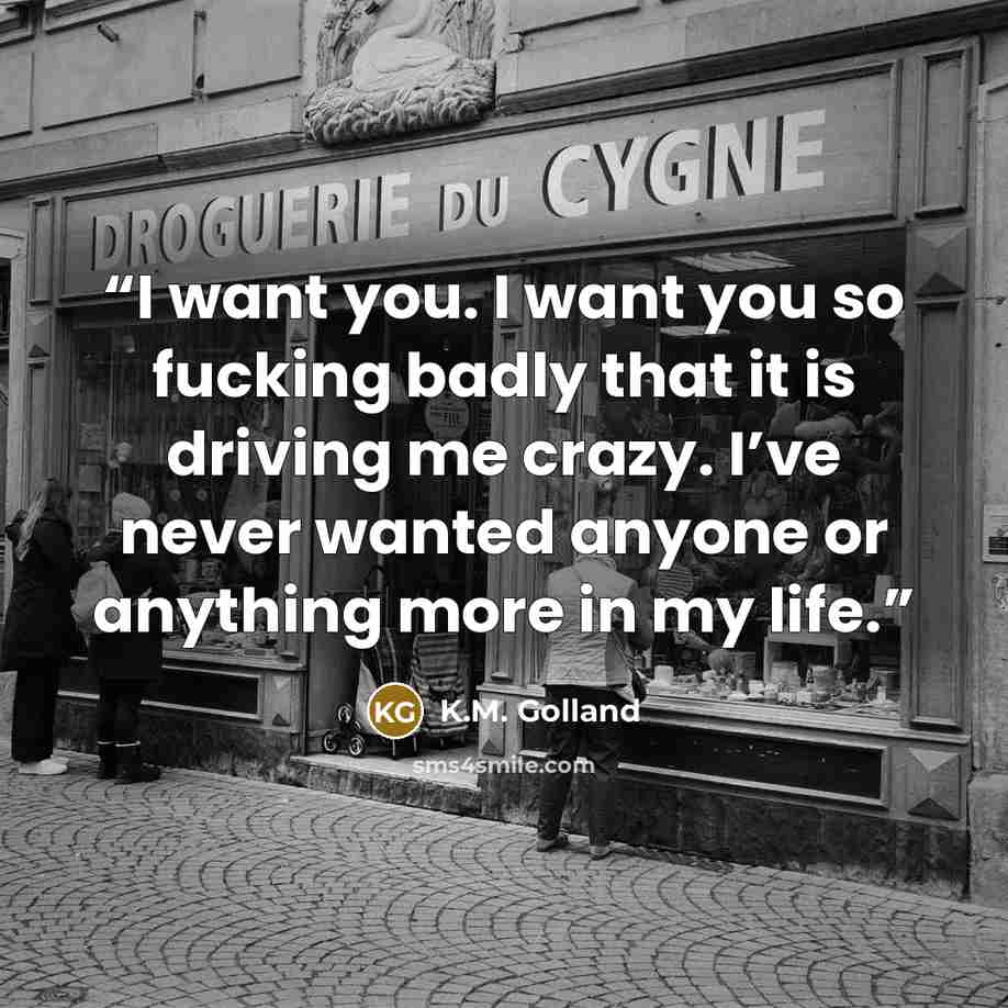 “I want you. I want you so fucking badly that it is driving me crazy. I’ve never wanted anyone or anything more in my life.” quote by K.M. Golland