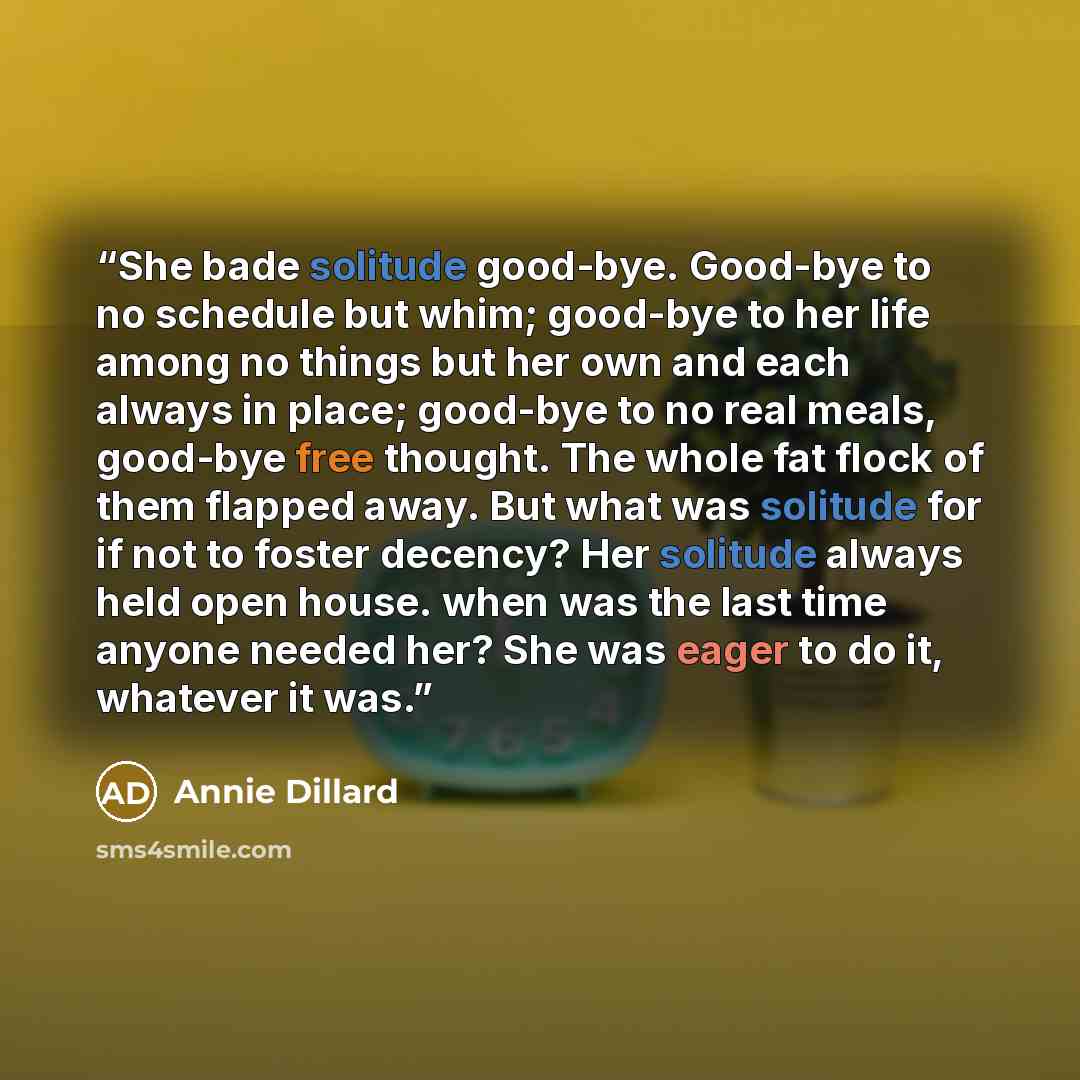“She bade solitude good-bye. Good-bye to no schedule but whim; good-bye to her life among no things but her own and each always in place; good-bye to no real meals, good-bye free thought. The whole fat flock of them flapped away. But what was solitude for if not to foster decency? Her solitude…” quote by Annie Dillard