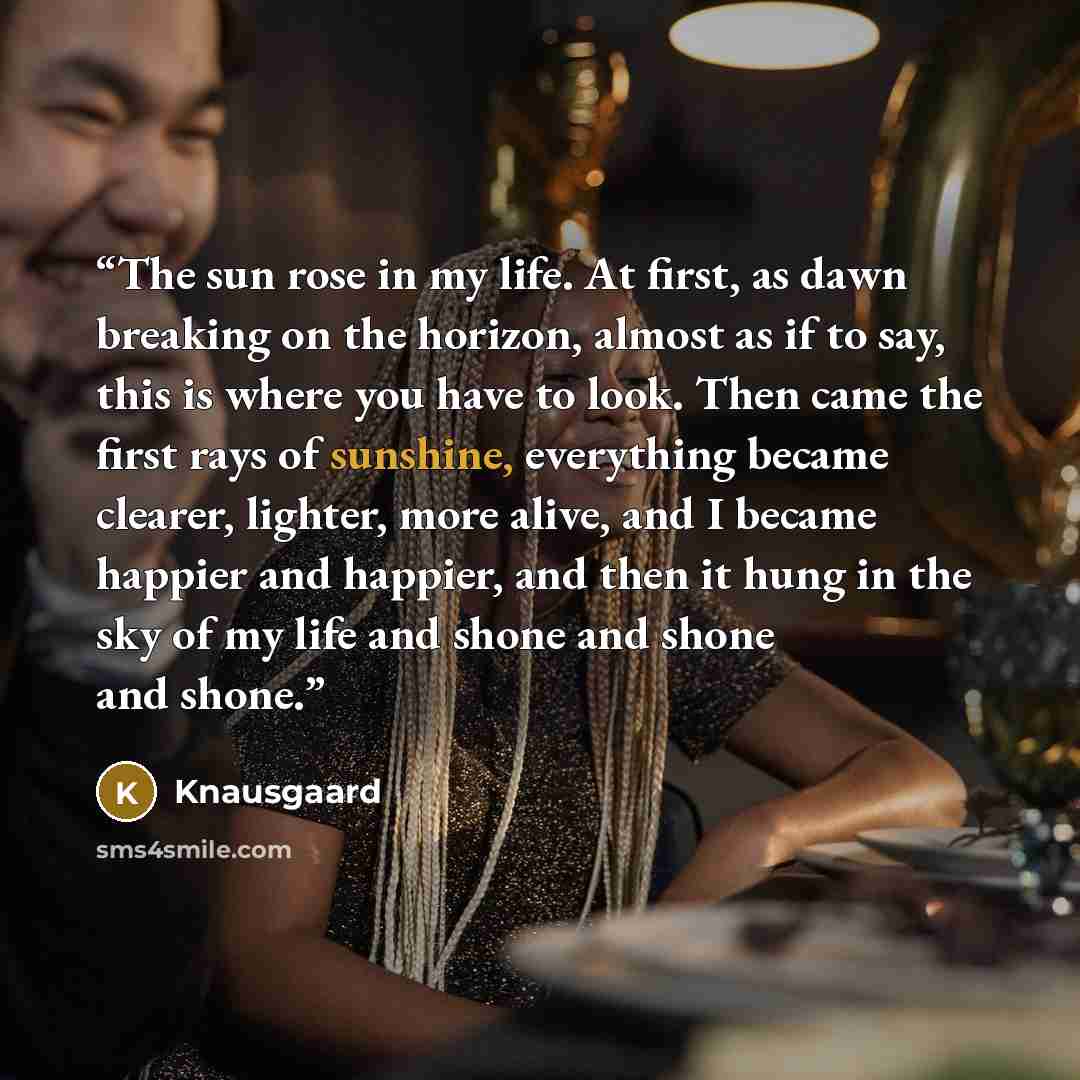 “The sun rose in my life. At first, as dawn breaking on the horizon, almost as if to say, this is where you have to look. Then came the first rays of sunshine, everything became clearer, lighter, more alive, and I became happier and happier, and then it hung in the sky of my life and shone and…” quote by Knausgaard