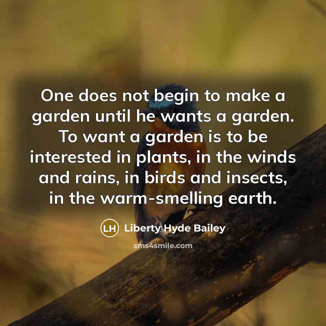 “One does not begin to make a garden until he wants a garden. To want a garden is to be interested in plants, in the winds and rains, in birds and insects, in the warm-smelling earth.” quote by Liberty Hyde Bailey