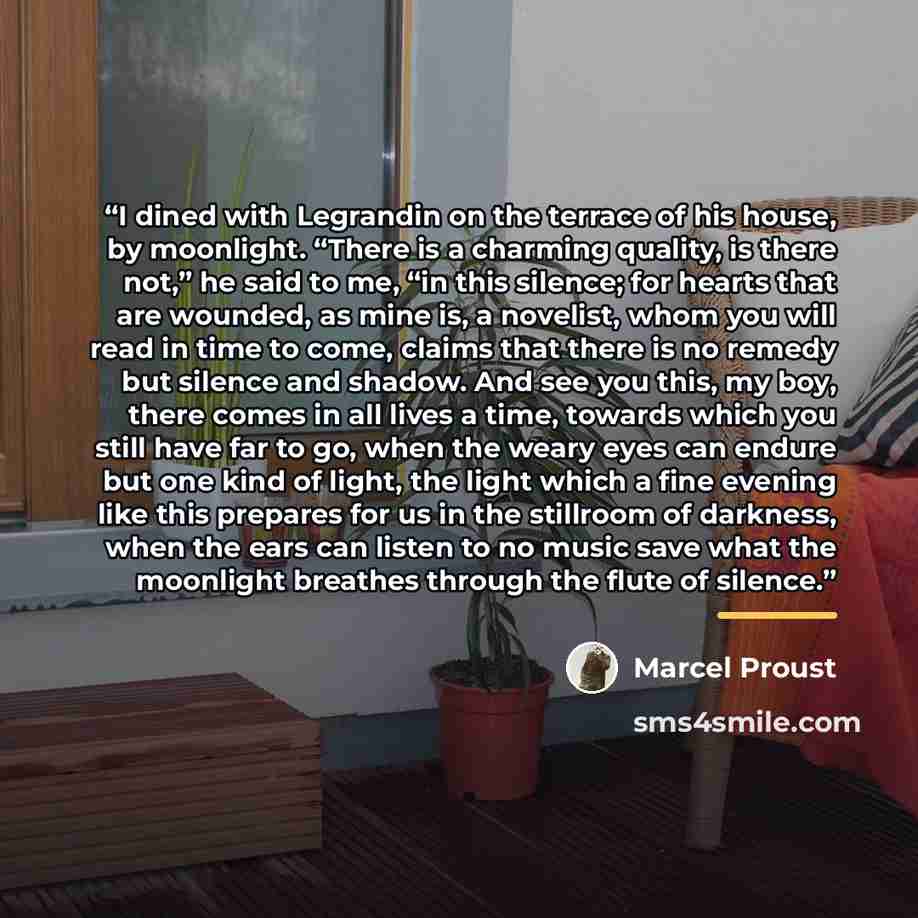 “I dined with Legrandin on the terrace of his house, by moonlight. “There is a charming quality, is there not,” he said to me, “in this silence; for hearts that are wounded, as mine is, a novelist, whom you will read in time to come, claims that there is no remedy but silence and shadow. And see…” quote by Marcel Proust