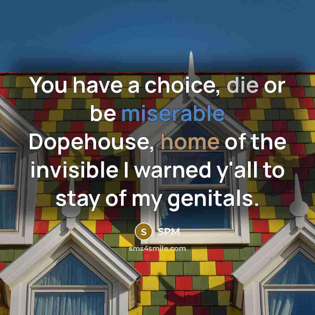 “You have a choice, die or be miserable Dopehouse, home of the invisible I warned y'all to stay of my genitals.” quote by SPM