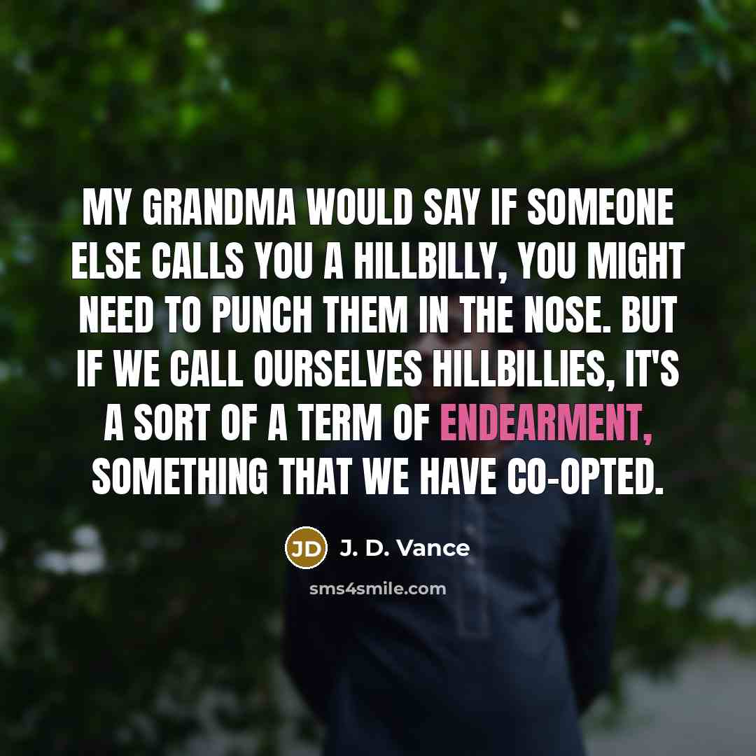 “My grandma would say if someone else calls you a hillbilly, you might need to punch them in the nose. But if we call ourselves hillbillies, it's a sort of a term of endearment, something that we have co-opted.” quote by J. D. Vance