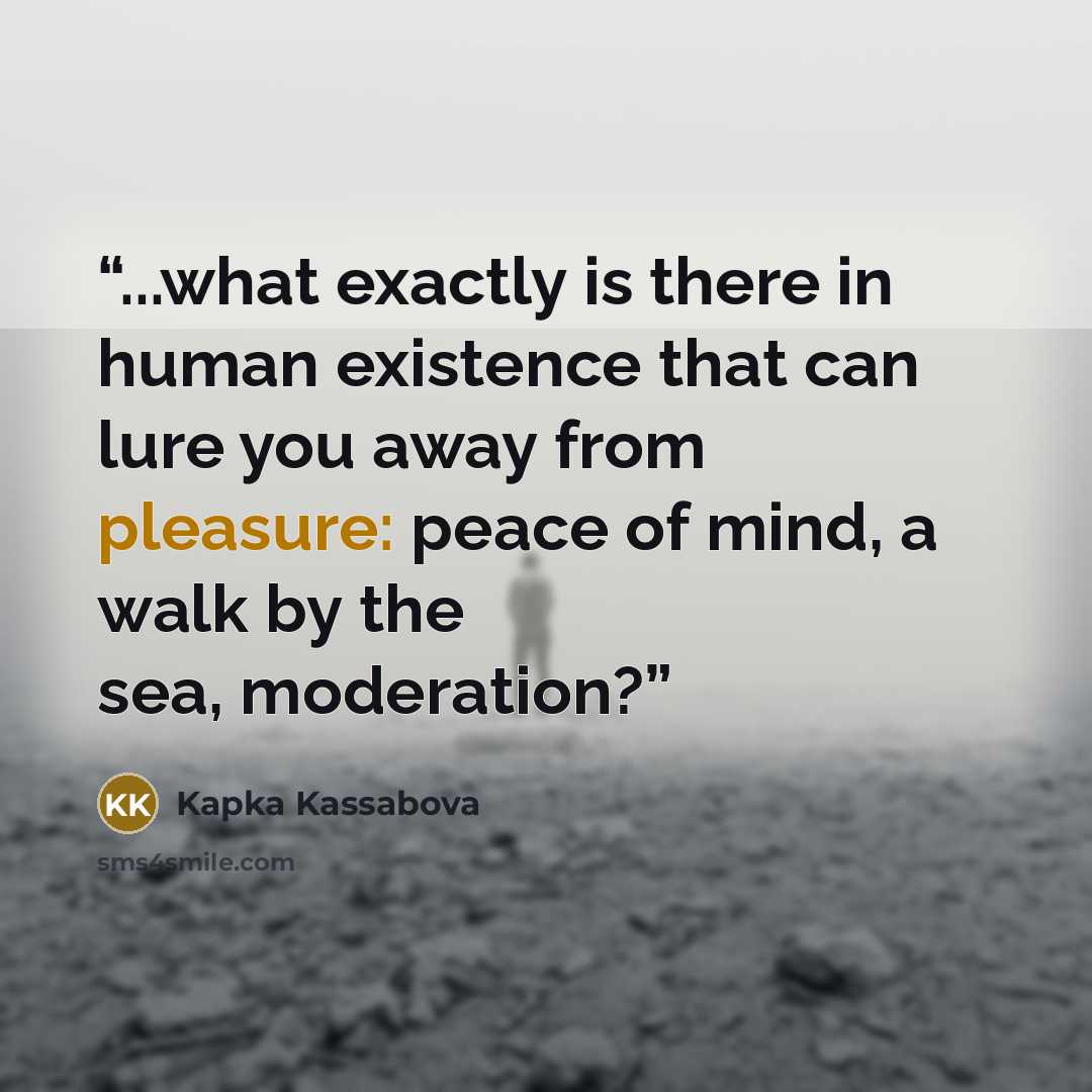 “...what exactly is there in human existence that can lure you away from pleasure: peace of mind, a walk by the sea, moderation?” quote by Kapka Kassabova