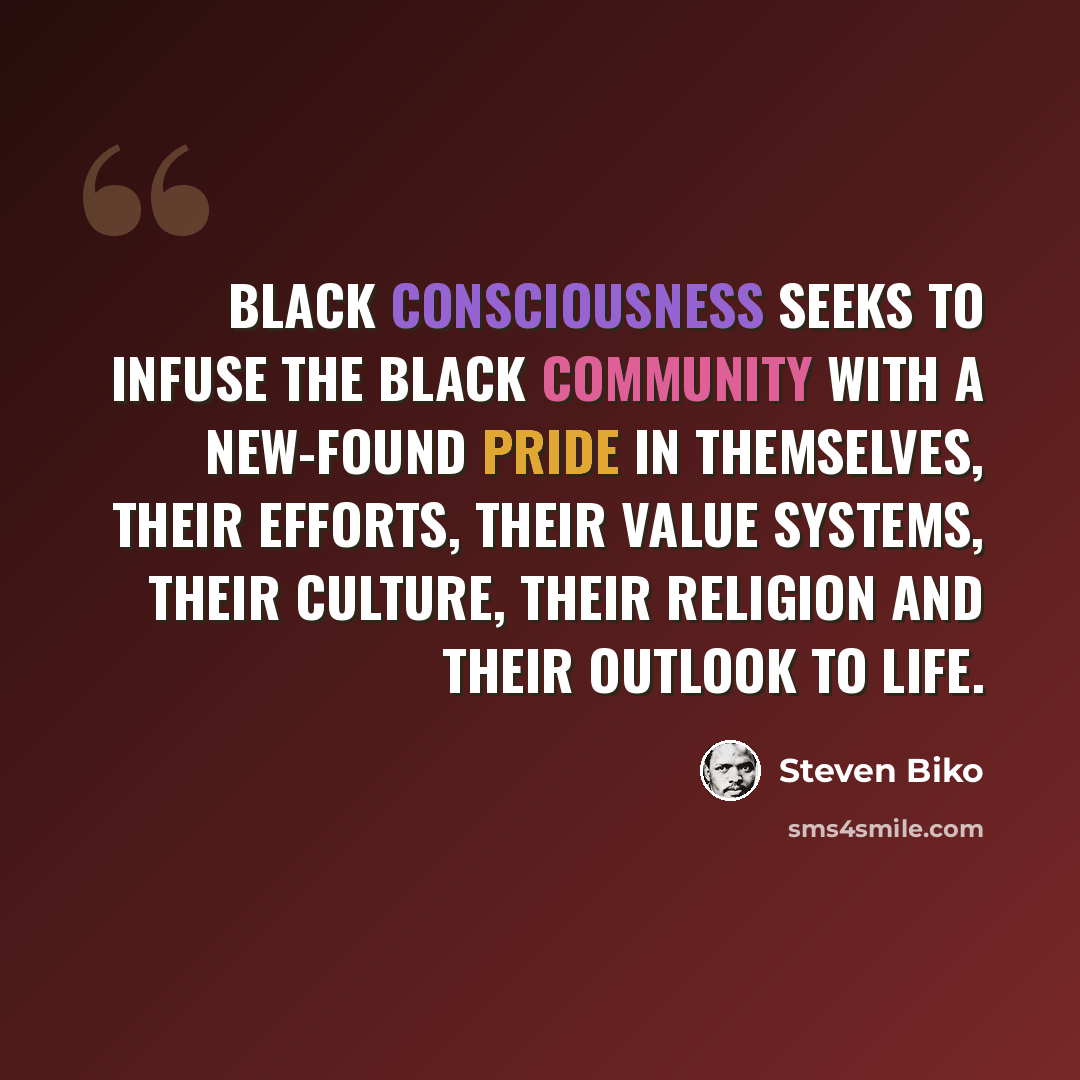 “Black Consciousness seeks to infuse the black community with a new-found pride in themselves, their efforts, their value systems, their culture, their religion and their outlook to life.” quote by Steven Biko