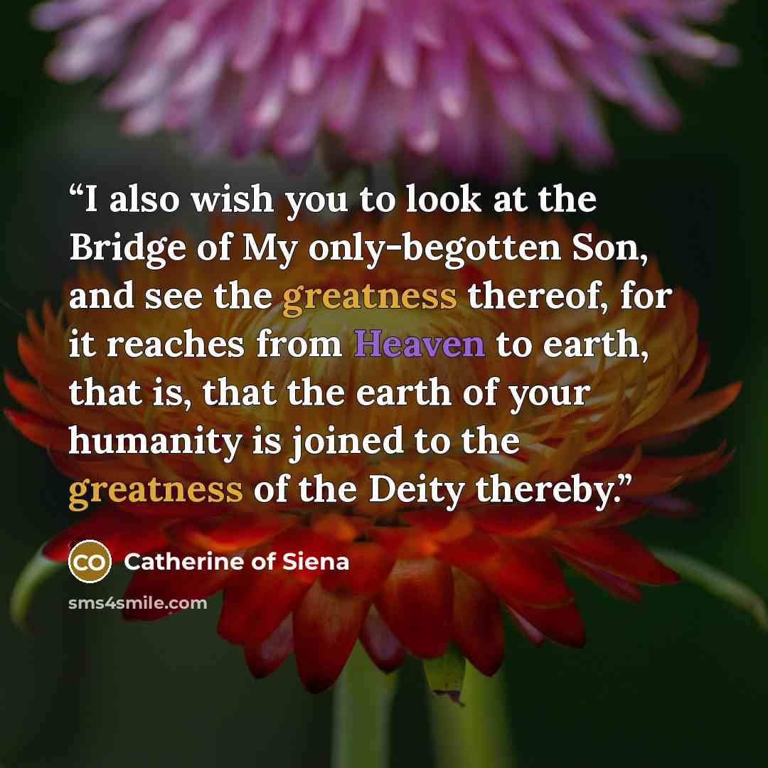 “I also wish you to look at the Bridge of My only-begotten Son, and see the greatness thereof, for it reaches from Heaven to earth, that is, that the earth of your humanity is joined to the greatness of the Deity thereby.” quote by Catherine of Siena