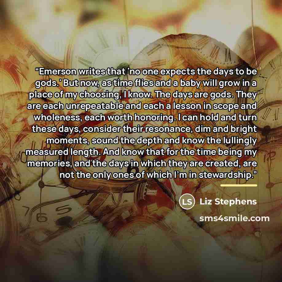 “Emerson writes that 'no one expects the days to be gods.' But now, as time flies and a baby will grow in a place of my choosing, I know. The days are gods. They are each unrepeatable and each a lesson in scope and wholeness, each worth honoring. I can hold and turn these days, consider their…” quote by Liz Stephens