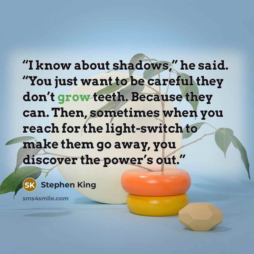 “I know about shadows,” he said. “You just want to be careful they don’t grow teeth. Because they can. Then, sometimes when you reach for the light-switch to make them go away, you discover the power’s out.” quote by Stephen King