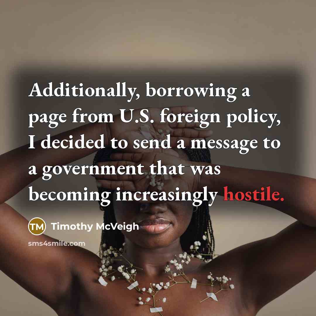 “Additionally, borrowing a page from U.S. foreign policy, I decided to send a message to a government that was becoming increasingly hostile.” quote by Timothy McVeigh