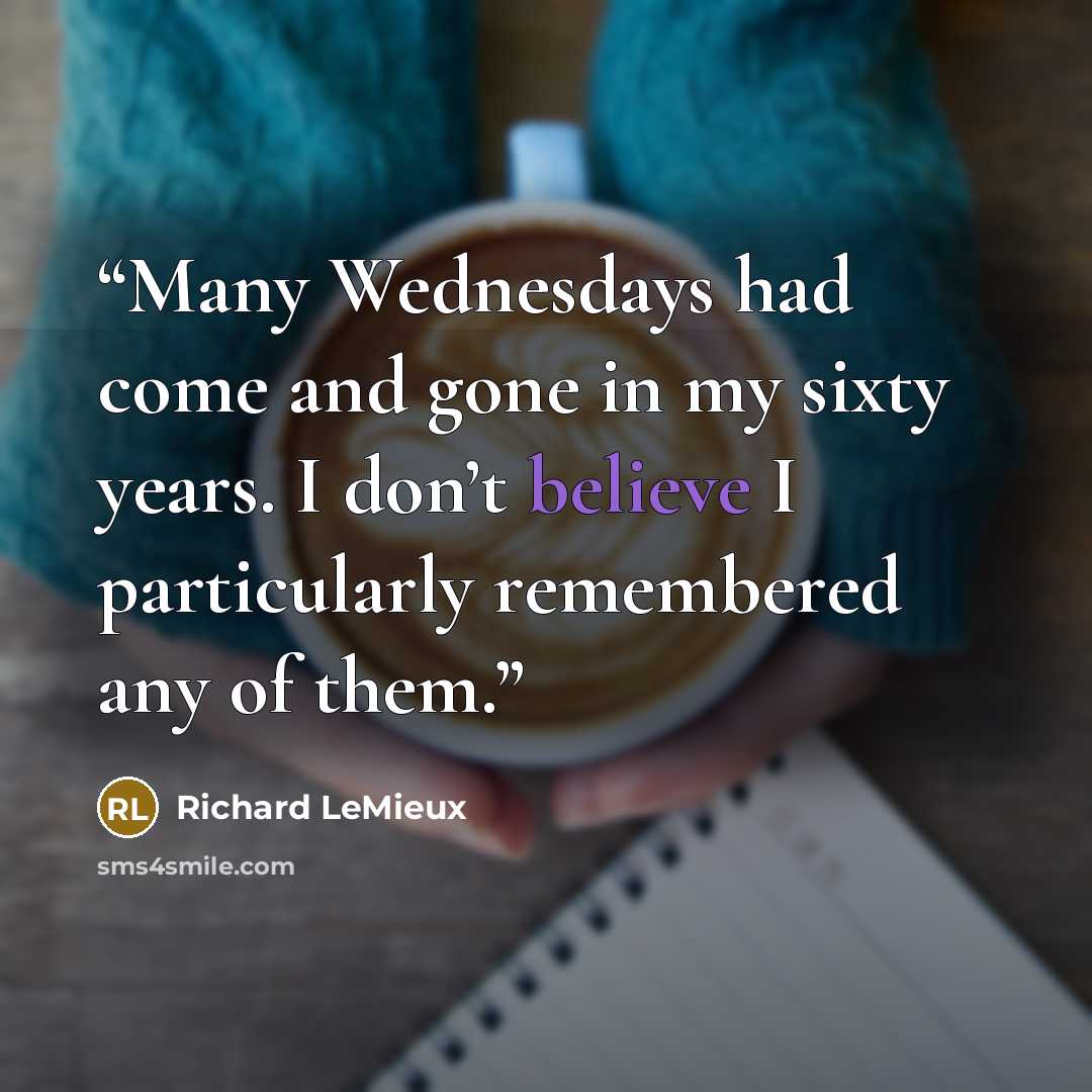 “Many Wednesdays had come and gone in my sixty years. I don’t believe I particularly remembered any of them.” quote by Richard LeMieux