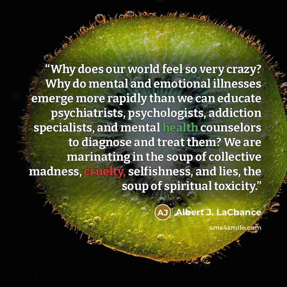 “Why does our world feel so very crazy? Why do mental and emotional illnesses emerge more rapidly than we can educate psychiatrists, psychologists, addiction specialists, and mental health counselors to diagnose and treat them? We are marinating in the soup of collective madness, cruelty…” quote by Albert J. LaChance