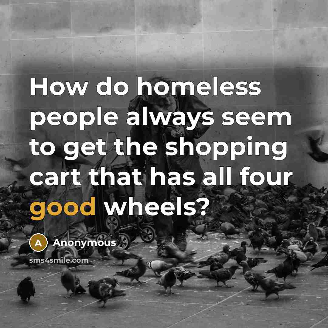 “How do homeless people always seem to get the shopping cart that has all four good wheels?” quote by Anonymous