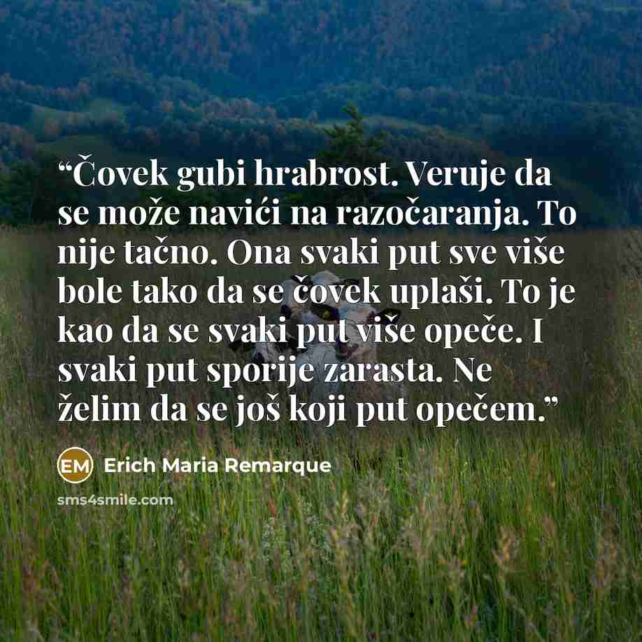 “Čovek gubi hrabrost. Veruje da se može navići na razočaranja. To nije tačno. Ona svaki put sve više bole tako da se čovek uplaši. To je kao da se svaki put više opeče. I svaki put sporije zarasta. Ne želim da se još koji put opečem.” quote by Erich Maria Remarque