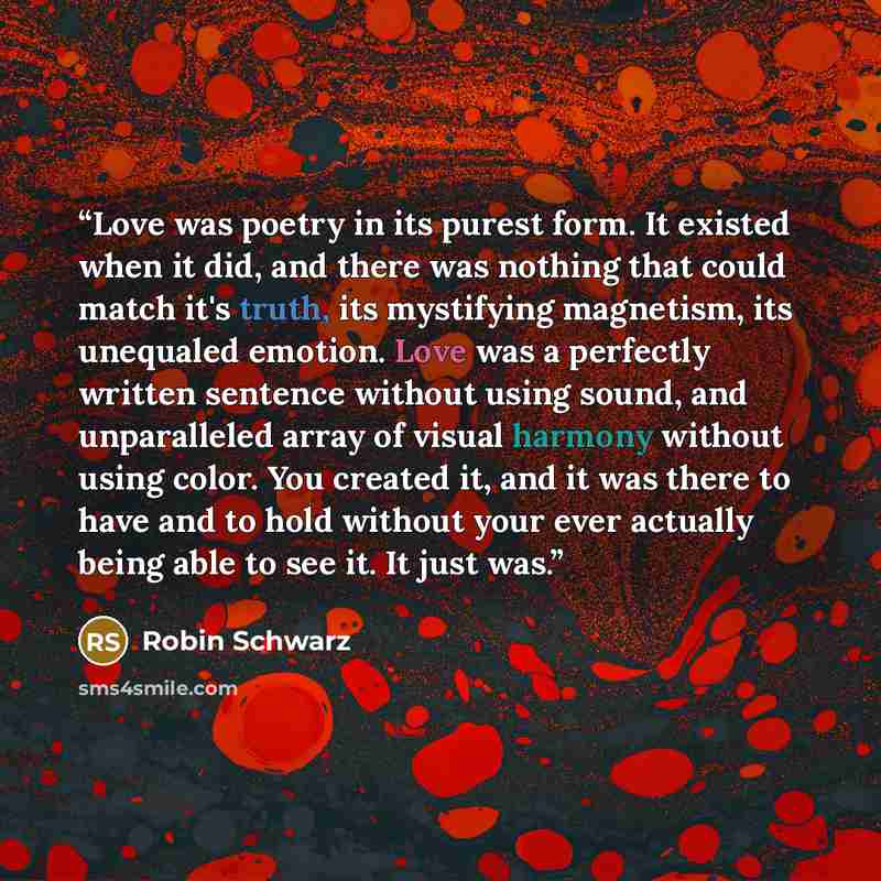 “Love was poetry in its purest form. It existed when it did, and there was nothing that could match it's truth, its mystifying magnetism, its unequaled emotion. Love was a perfectly written sentence without using sound, and unparalleled array of visual harmony without using color. You created it…” quote by Robin Schwarz