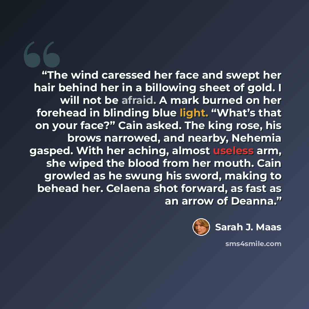 “The wind caressed her face and swept her hair behind her in a billowing sheet of gold. I will not be afraid. A mark burned on her forehead in blinding blue light. “What’s that on your face?” Cain asked. The king rose, his brows narrowed, and nearby, Nehemia gasped. With her aching, almost useless…” quote by Sarah J. Maas