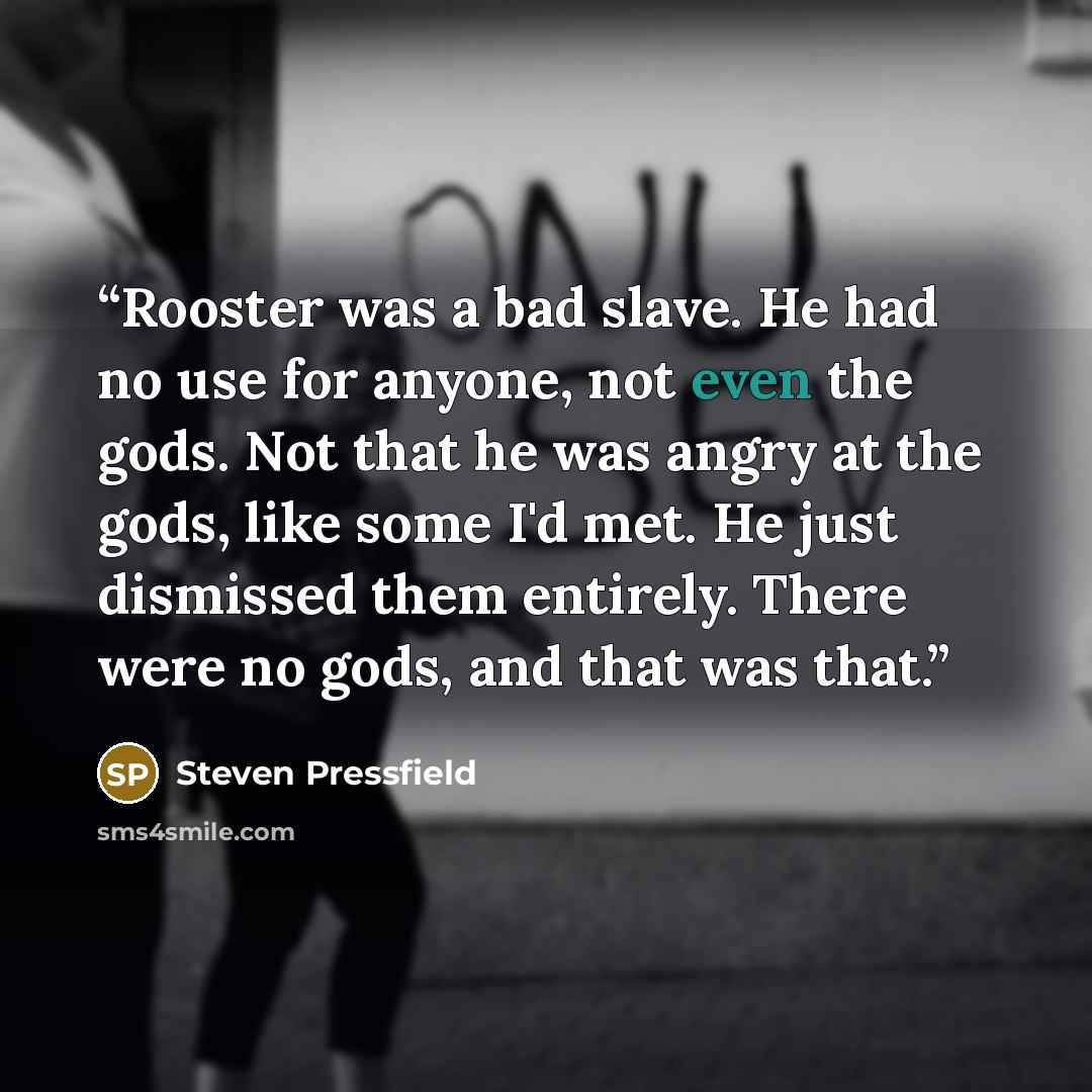 “Rooster was a bad slave. He had no use for anyone, not even the gods. Not that he was angry at the gods, like some I'd met. He just dismissed them entirely. There were no gods, and that was that.” quote by Steven Pressfield