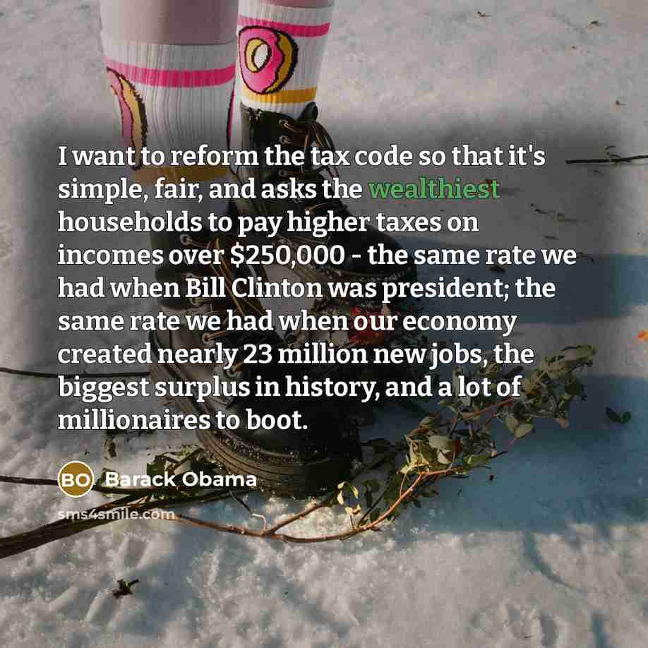 “I want to reform the tax code so that it's simple, fair, and asks the wealthiest households to pay higher taxes on incomes over $250,000 - the same rate we had when Bill Clinton was president; the same rate we had when our economy created nearly 23 million new jobs, the biggest surplus in history…” quote by Barack Obama