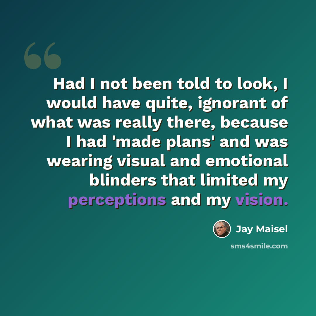 “Had I not been told to look, I would have quite, ignorant of what was really there, because I had 'made plans' and was wearing visual and emotional blinders that limited my perceptions and my vision.” quote by Jay Maisel