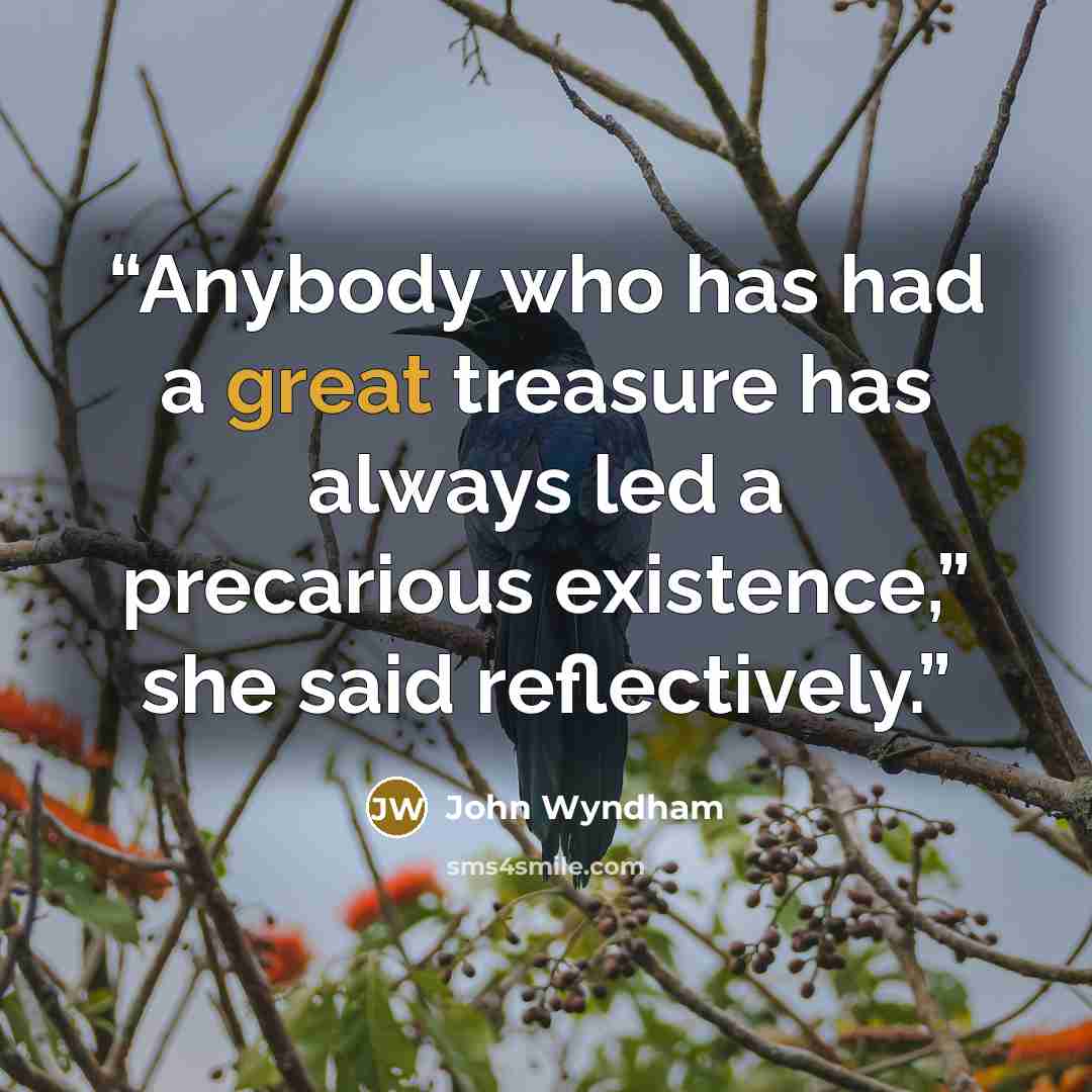 “Anybody who has had a great treasure has always led a precarious existence,” she said reflectively.” quote by John Wyndham
